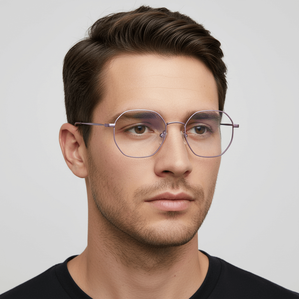 un hombre de cara redonda usando lentes opticos geometricos metalicos de acero inoxidable sustentable #color_purple