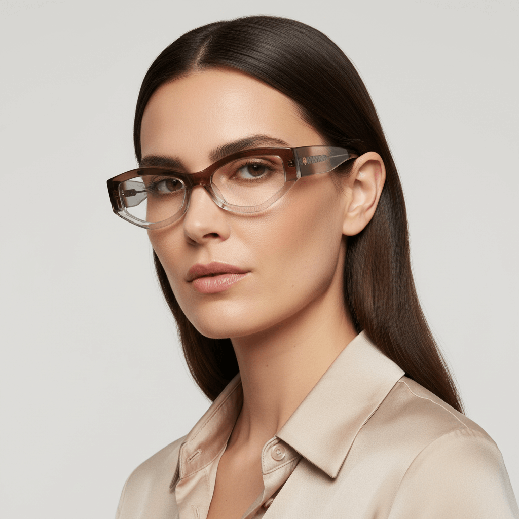 la vista lateral de una mujer de cara ovalada y pelo suelto en primer plano usando armazones marcos opticos de la marca Bonoboss en acetato sustentable biodegradable reciclado de forma geometrica #color_honey-crystal