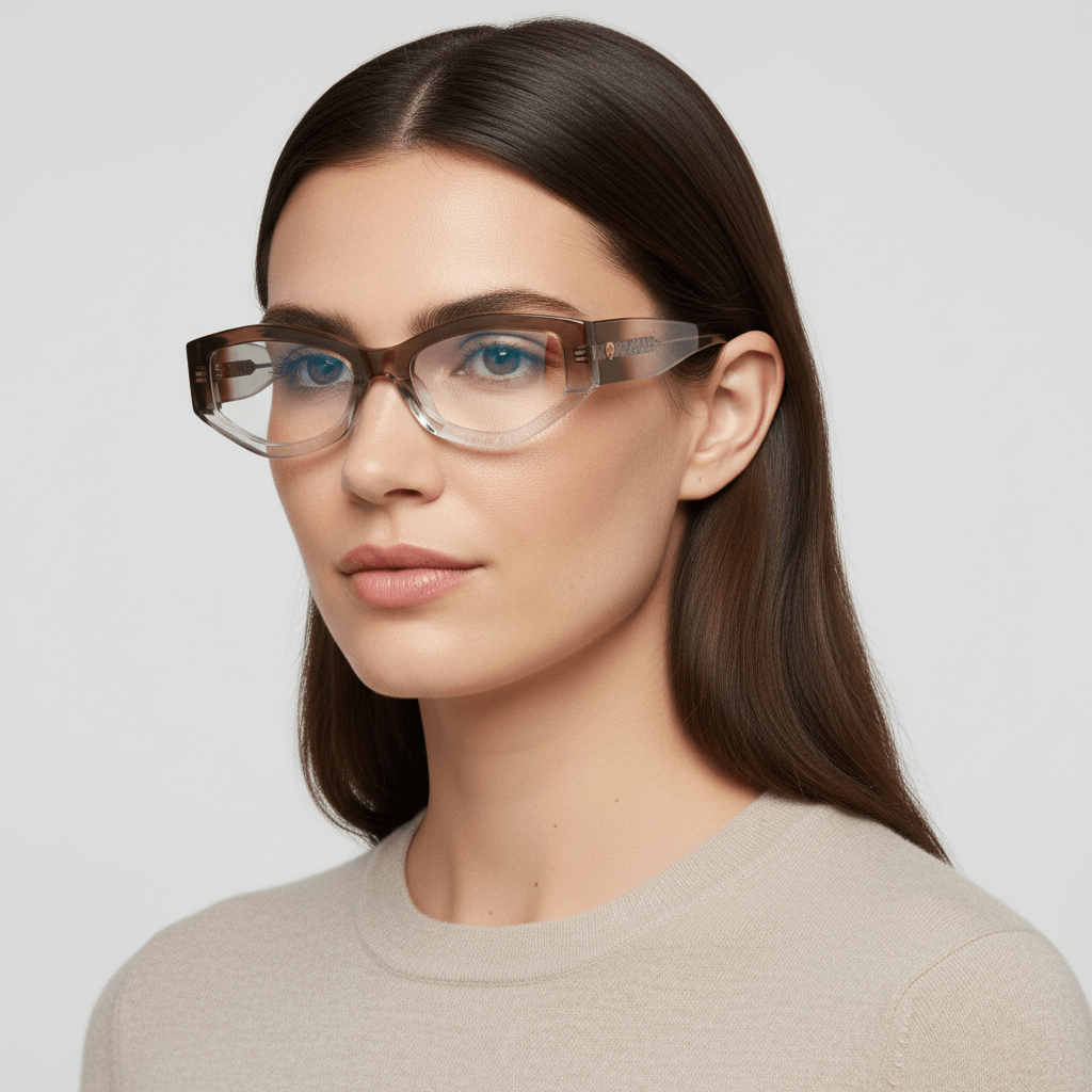 la vista lateral de una mujer de cara ovalada y pelo suelto en primer plano usando armazones marcos opticos de la marca Bonoboss en acetato sustentable biodegradable reciclado de forma geometrica #color_honey-crystal