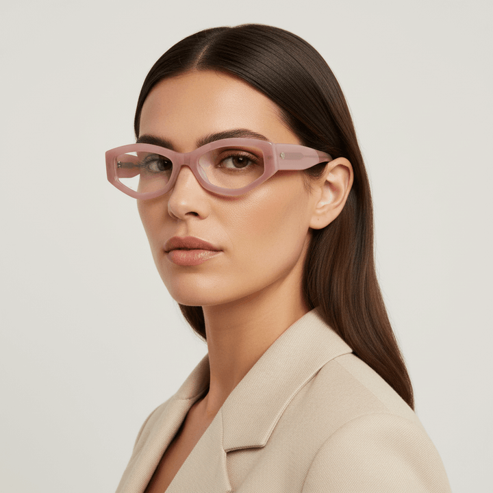 la vista lateral de una mujer de cara ovalada usando armazones marcos opticos de la marca Bonoboss en acetato sustentable biodegradable reciclado de forma geometrica #color_pink