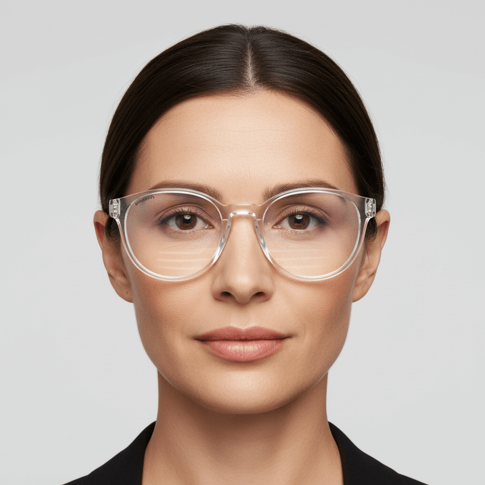 la vista frontal de una mujer de pelo negro suelto usando anteojos marcos opticos con receta de tamaño grande oversized de color duranzo. Bonoboss mayorista y distribuidor de opticas #color_peach