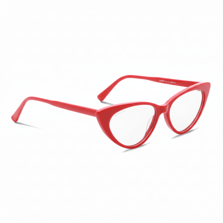 vista angulada de armazones marcos opticos agatados de color rojo para mujer de cara redonda. #color_rojo