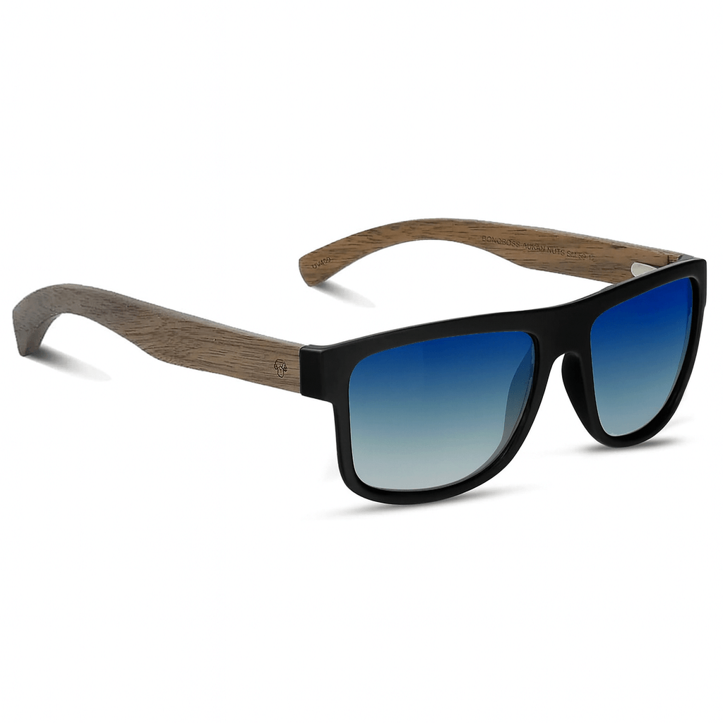 anteojos gafa de sol polarizada sustentable ecologica de plastico reciclado bonoboss modelo aukan negro con degradé azul foto angulada #color-marco_negro
