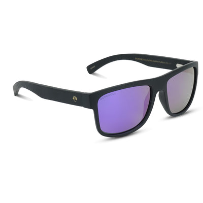 anteojos de sol rectangulares polarizados negros para hombre y mujer con lentes de color morado espejado