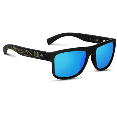 anteojos de sol rectangulares polarizados negros pata de madera  para hombre y mujer con lentes de color sky azul espejado