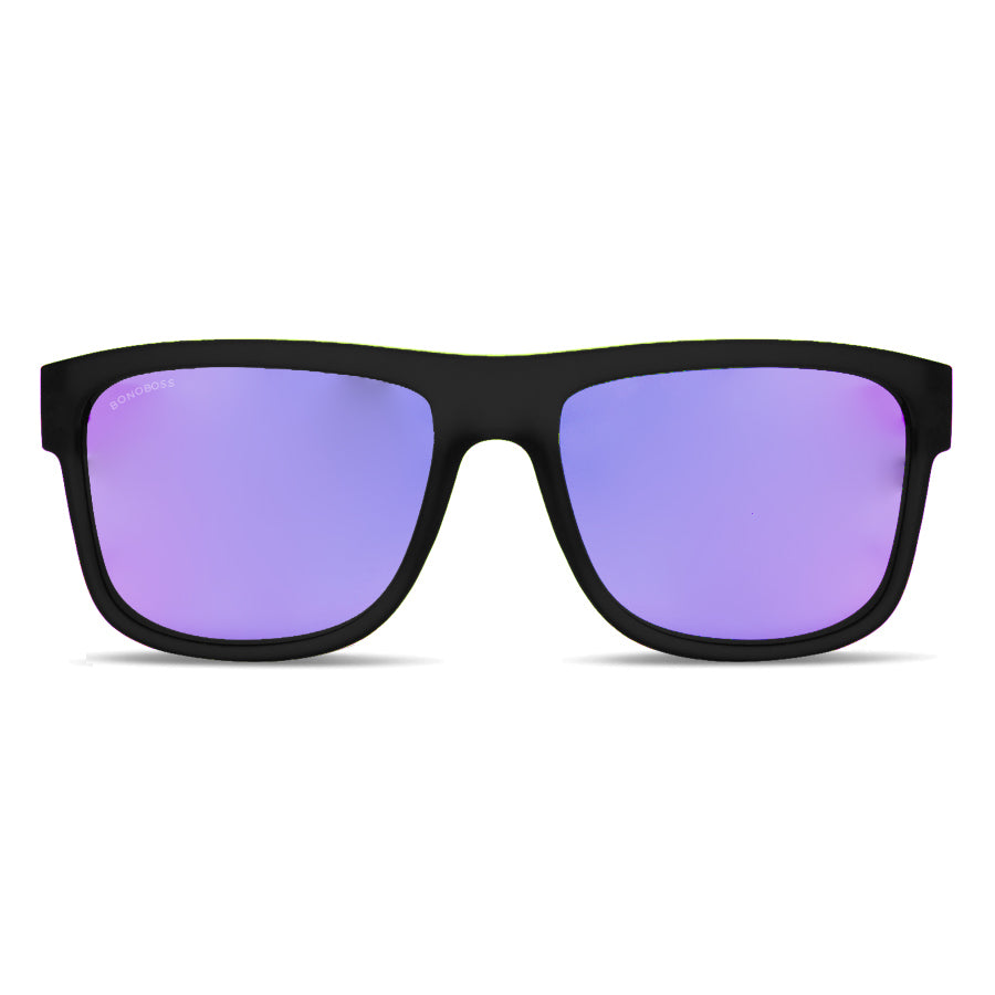 anteojos de sol rectangulares polarizados negros para hombre y mujer con lentes de color morado espejado