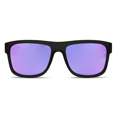 anteojos de sol rectangulares polarizados negros para hombre y mujer con lentes de color morado espejado