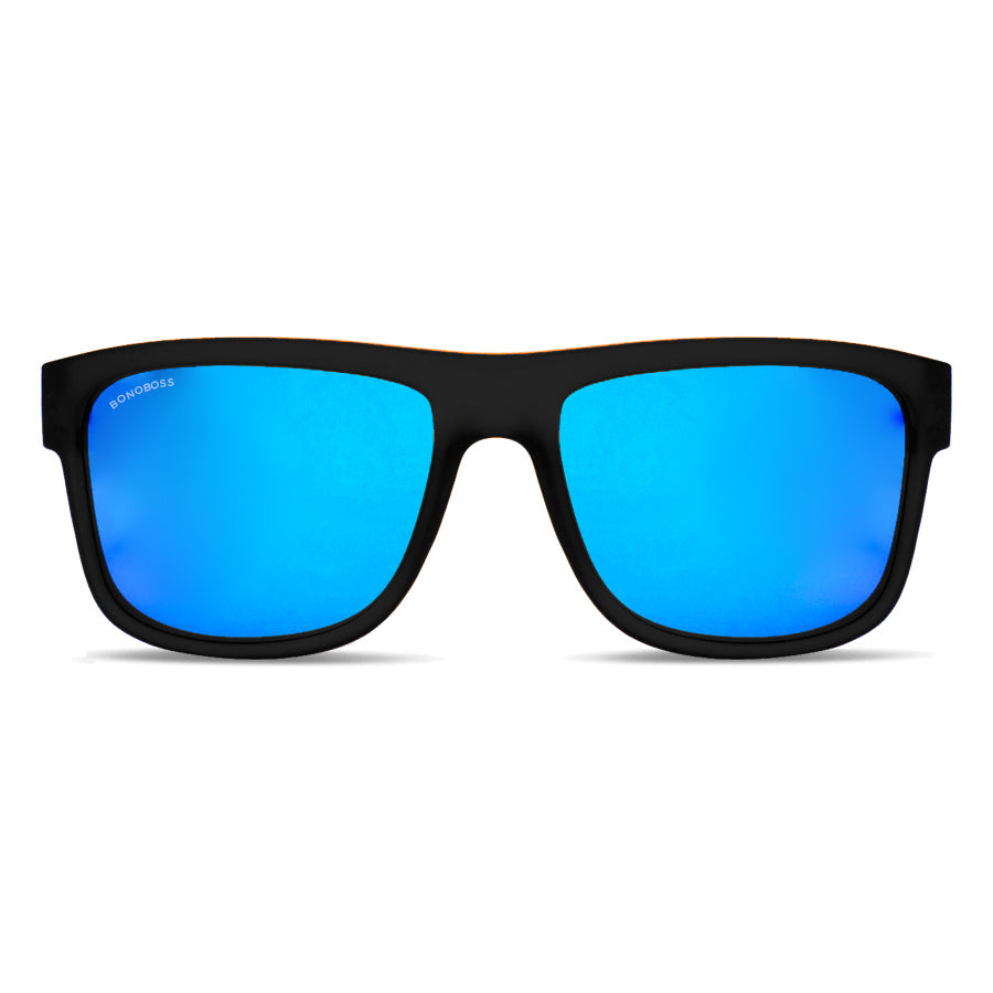 anteojos de sol rectangulares polarizados negros espejados azules zorrones pata de madera  para hombre y mujer con lentes de color negro#color_sky