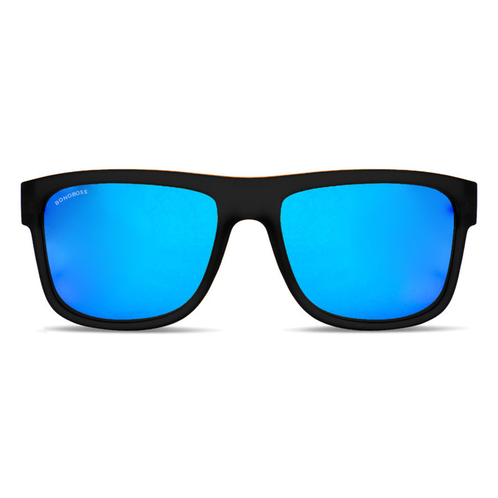 anteojos de sol rectangulares polarizados negros para hombre y mujer con lentes de color azul espejado sky#color_waves-sky