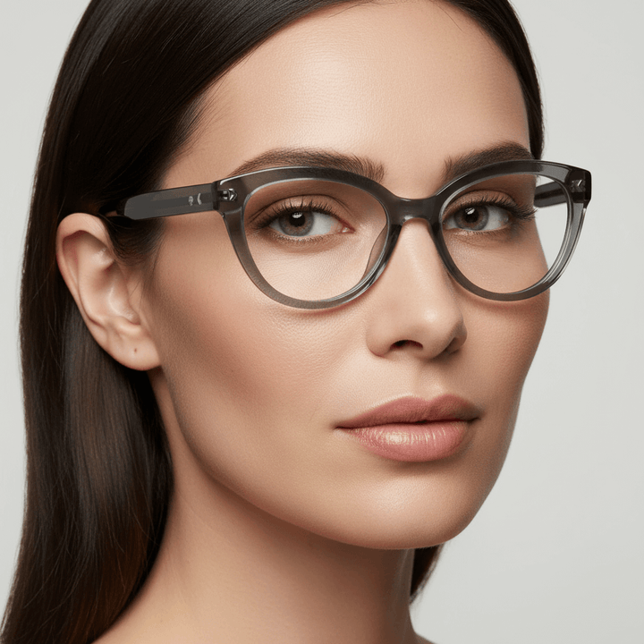 la vista lateral de una modelo mujer de moda con cara redonda y pelo ondulado usando anteojos armazones marcos opticos agatados con tratamiento antireflejo y receta de #color_gris