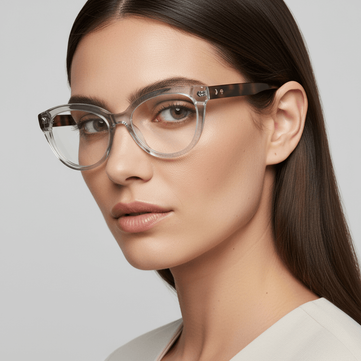 una modelo mujer de moda con pelo liso suelto y cara redonda usando anteojos armazones marcos opticos agatados con tratamiento antireflejo y receta de #color_transparente