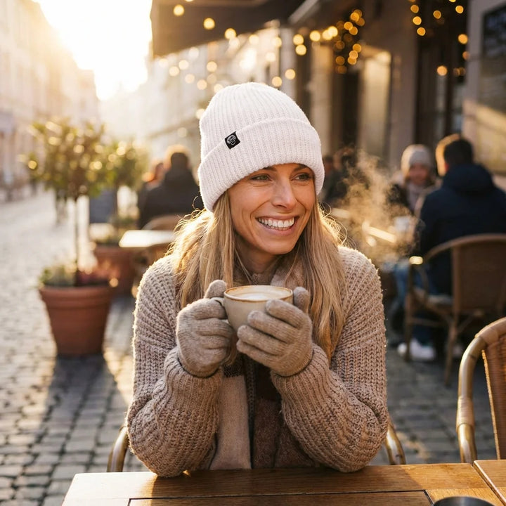 Beanie gorro de invierno en terraza de café mañana fría Bonoboss