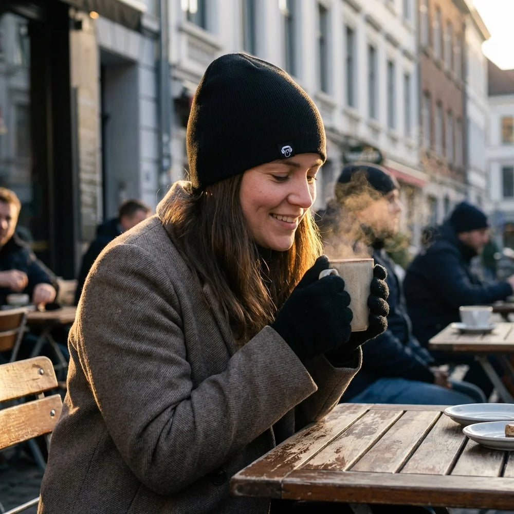 Beanie gorro de invierno en terraza de café mañana fría Bonoboss