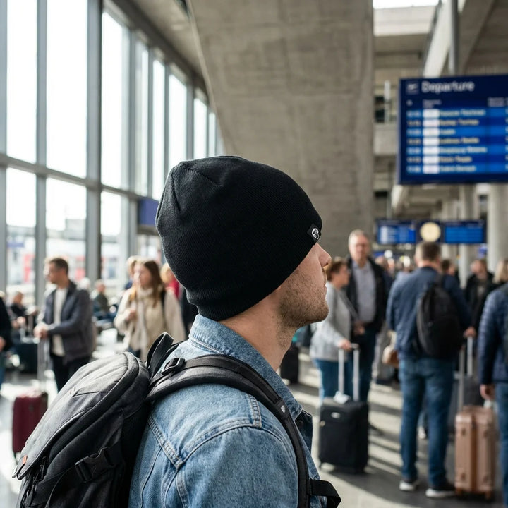 Beanie gorro de invierno viajero estación aeropuerto Bonoboss
