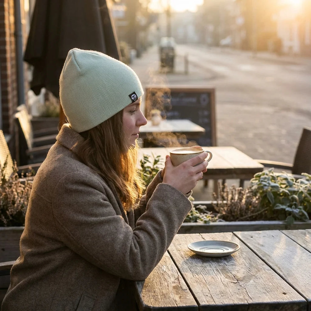 Beanie gorro de invierno en terraza de café mañana fría Bonoboss