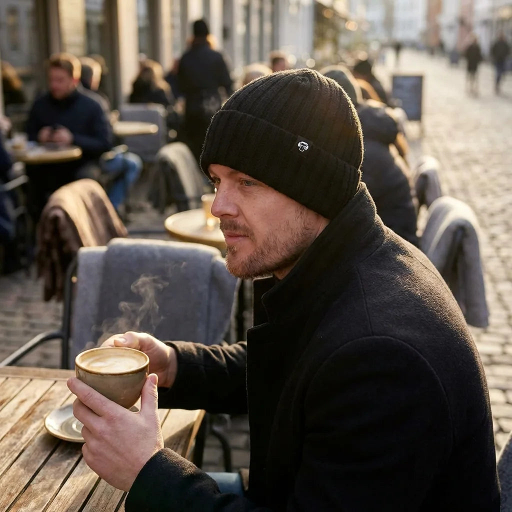 Beanie gorro de invierno en terraza de café mañana fría Bonoboss