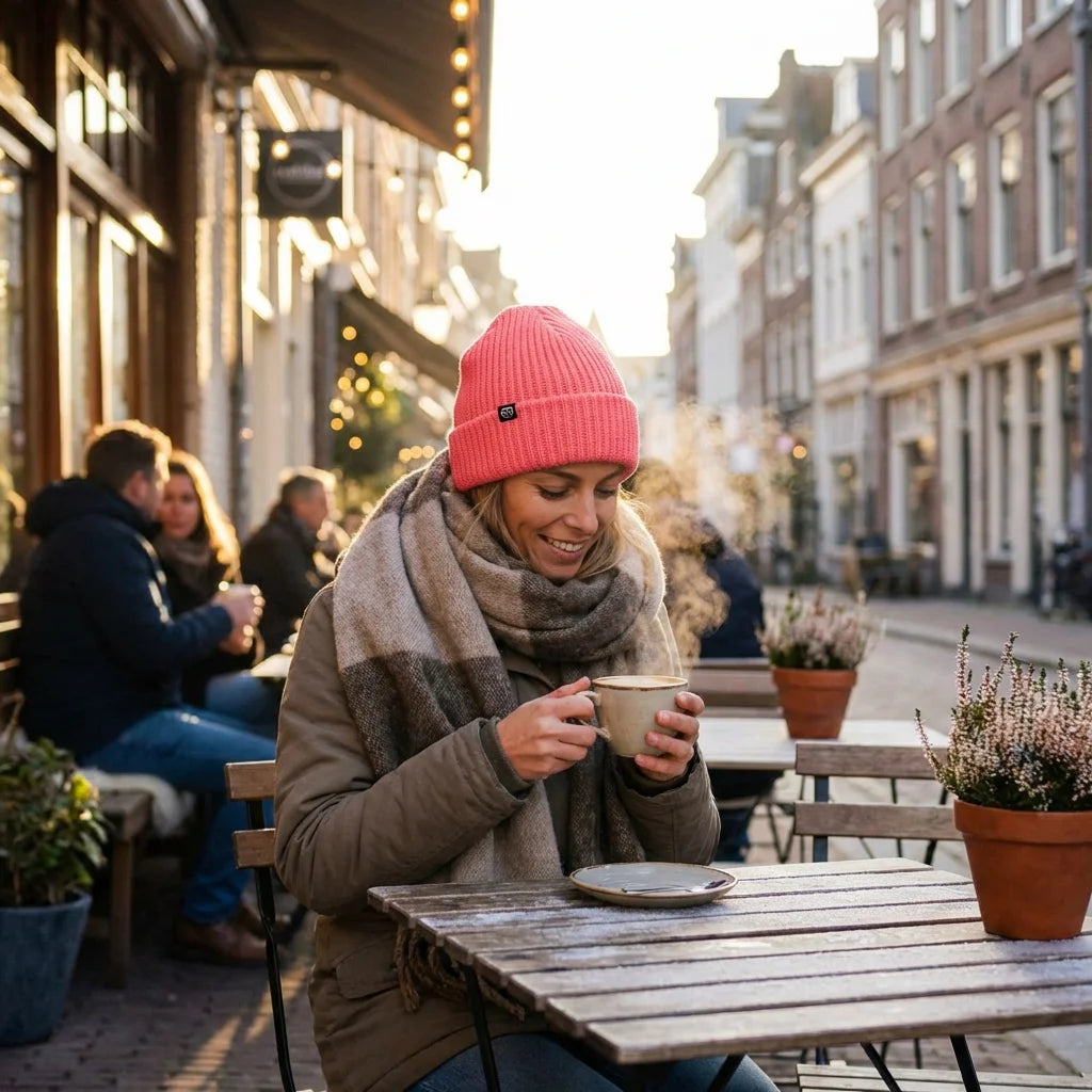 Beanie gorro de invierno en terraza de café mañana fría Bonoboss