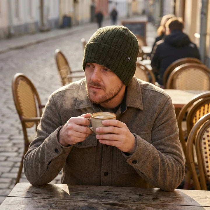 Beanie gorro de invierno en terraza de café mañana fría Bonoboss