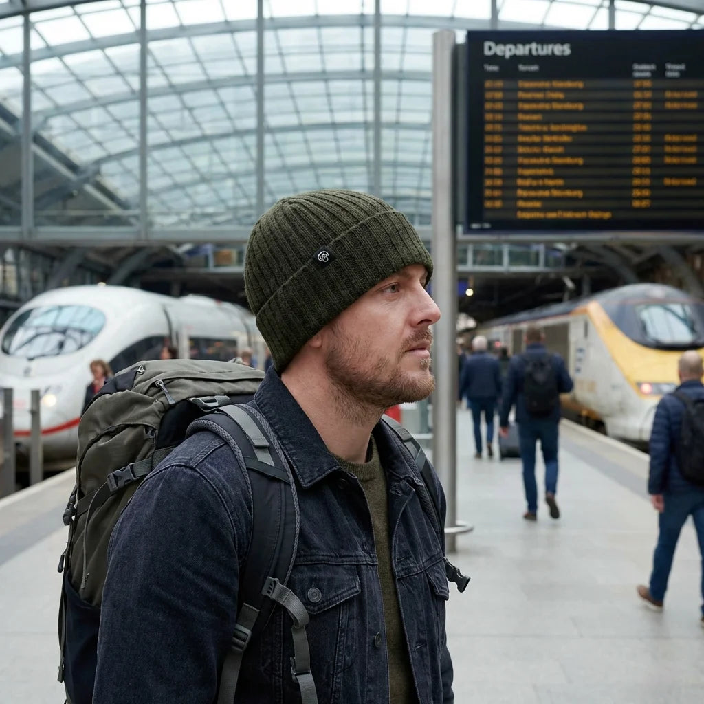 Beanie gorro de invierno viajero estación aeropuerto Bonoboss