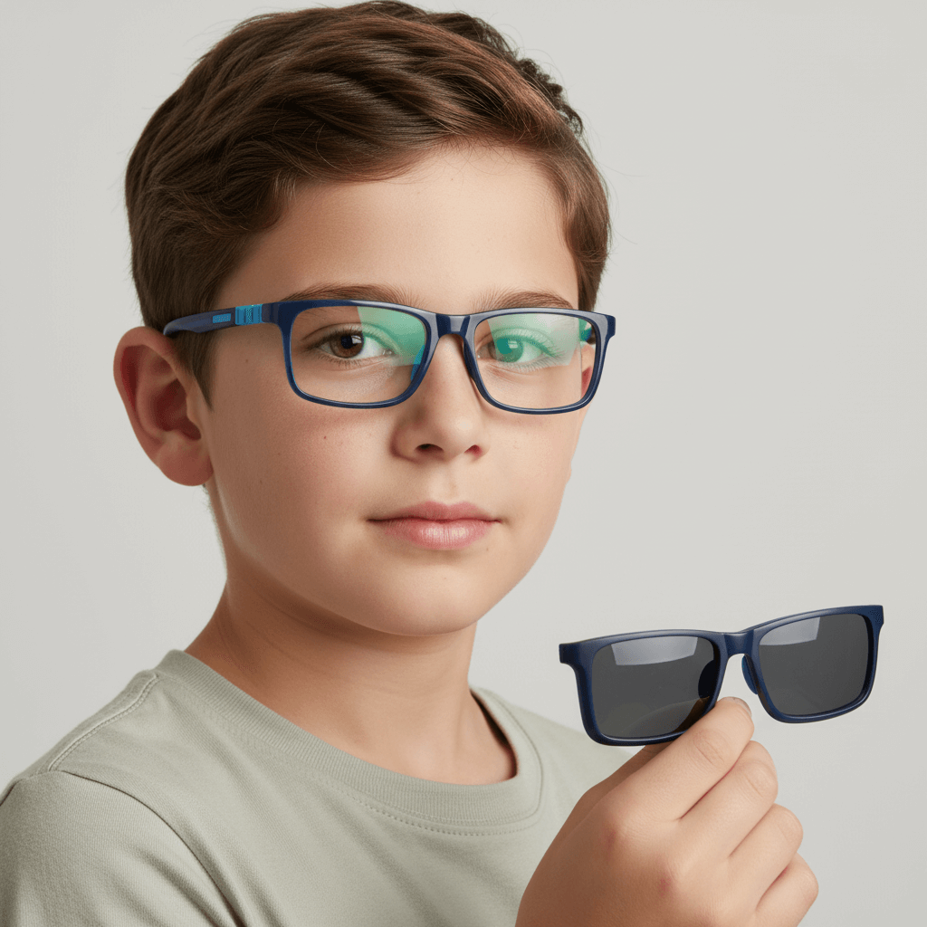 un niño de 10 años usando marcos opticos con clip de sol polarizado de #color_azul