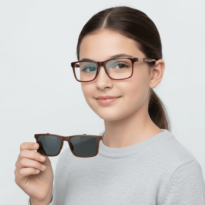 una niña de cara redonda usando marcos opticos bonoboss con clip de sol polarizado de #color_brown