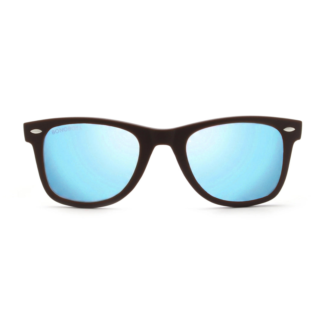 Acacia RPET Café lentes de sol cristal Espejado Azul vista frontal unisex madera reciclada #color_espejado-azul
