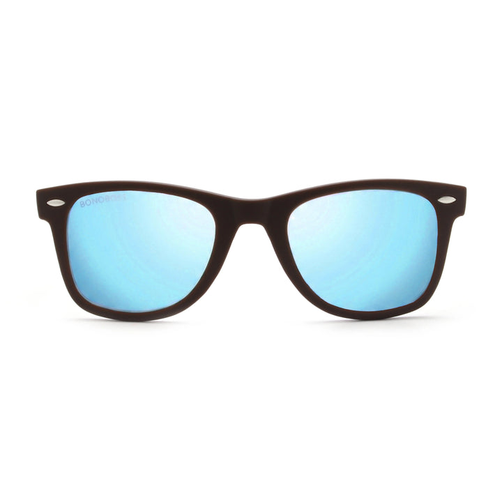 Acacia RPET Café lentes de sol cristal Espejado Azul vista frontal unisex madera reciclada #color_espejado-azul