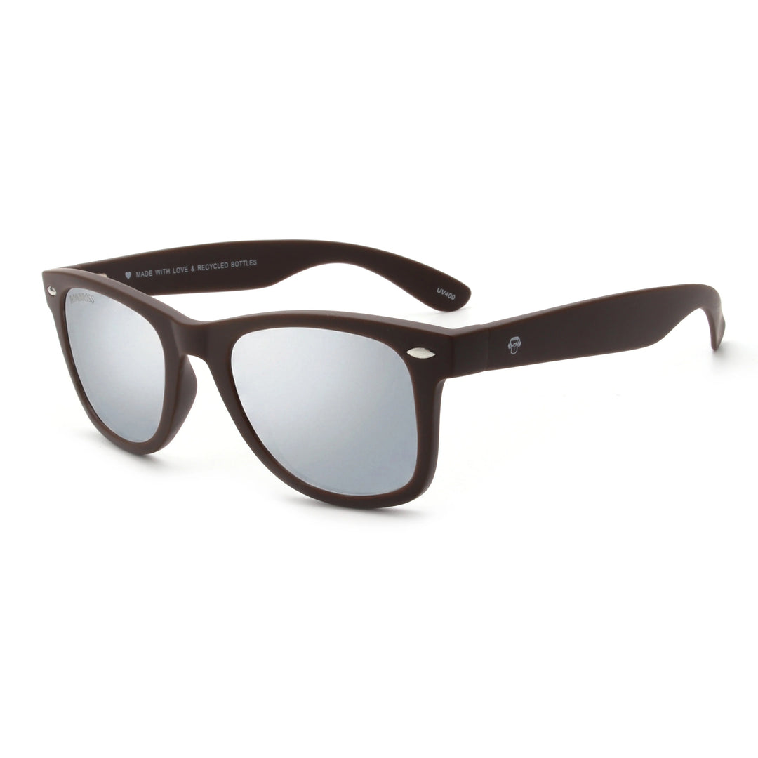Acacia RPET Café lentes de sol cristal Espejado Silver vista tres cuartos unisex madera reciclada #color_espejado-silver