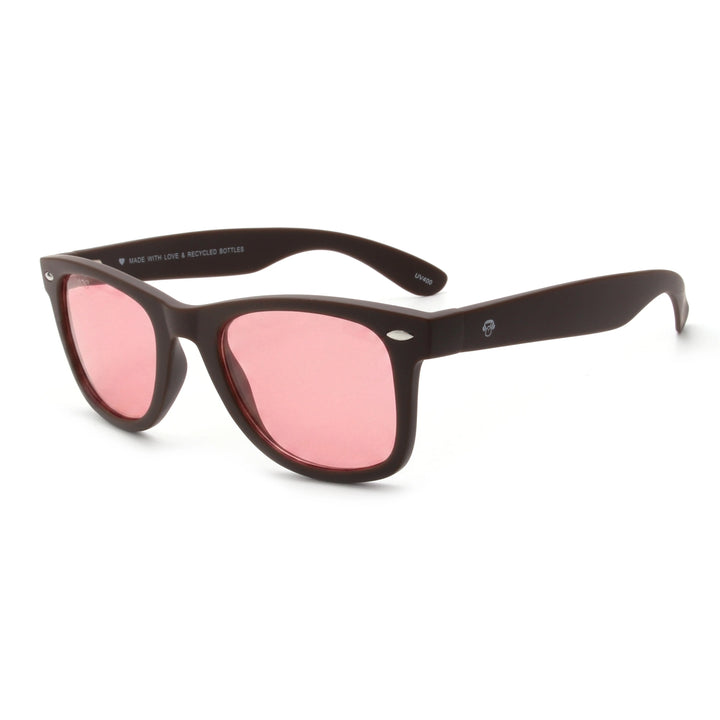 Acacia RPET Café lentes de sol cristal Pink vista tres cuartos unisex madera reciclada #color_pink