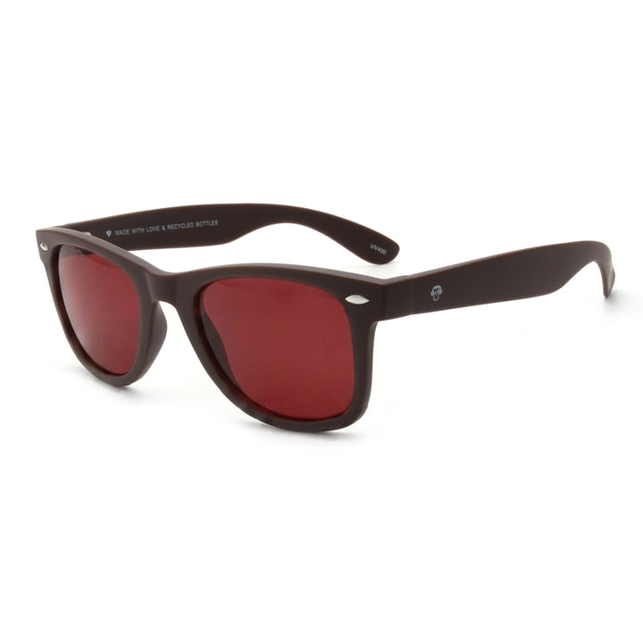 Acacia RPET Café lentes de sol cristal Rojo vista tres cuartos unisex madera reciclada #color_rojo