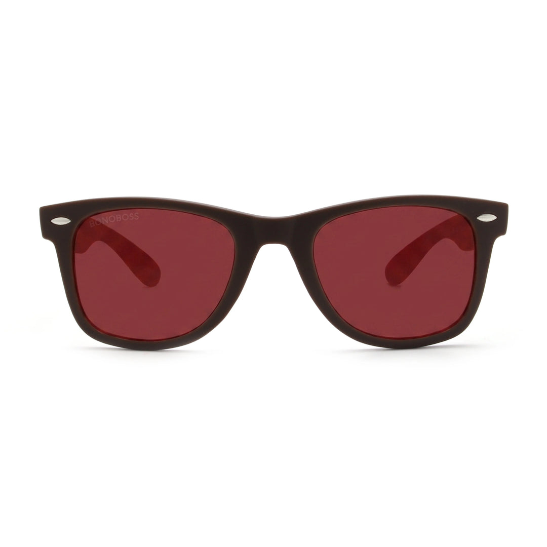Acacia RPET Café lentes de sol cristal Rojo vista frontal unisex madera reciclada #color_rojo