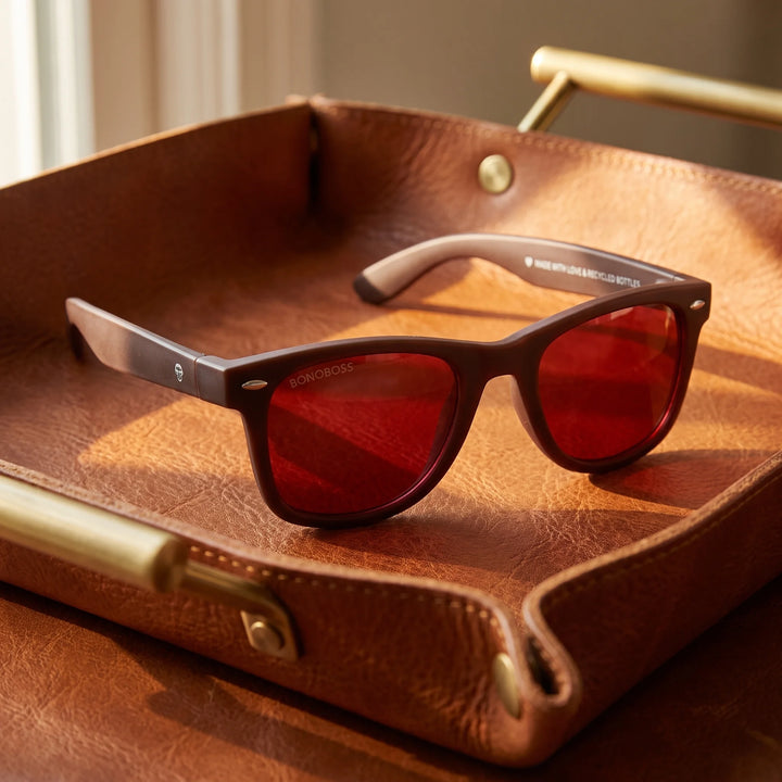 Lentes sol Acacia RPET Café polarizados UV400 sobre bandeja de cuero con detalles brass estilo premium Bonoboss #color_rojo