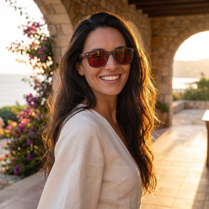 Mujer usando lentes sol Acacia RPET Café polarizados UV400 mujer atardecer golden hour luz calida Bonoboss #color_rojo