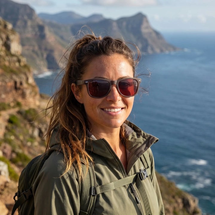 Mujer usando lentes sol Acacia RPET Café polarizados UV400 mujer estilo outdoor naturaleza aire libre Bonoboss #color_rojo