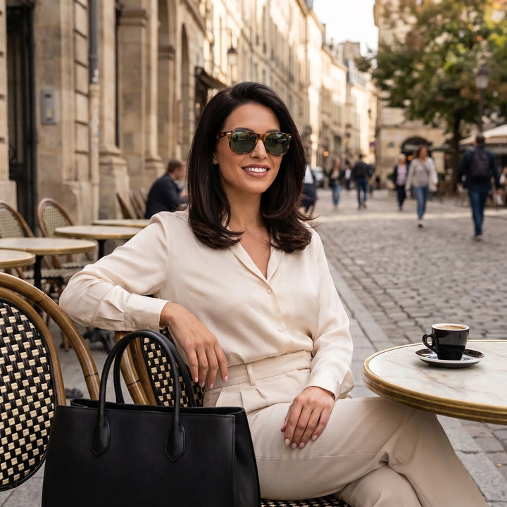 Mujer usando lentes sol Acacia RPET Carey polarizados UV400 mujer estilo urbano ciudad moderna Bonoboss #color_g15