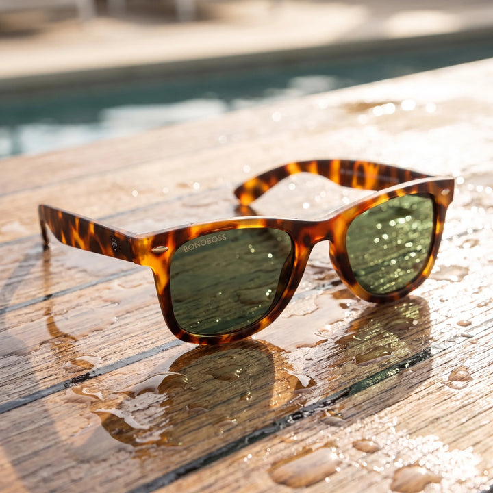 Lentes sol Acacia RPET Carey polarizados UV400 sobre madera teca con agua fresca Bonoboss #color_g15