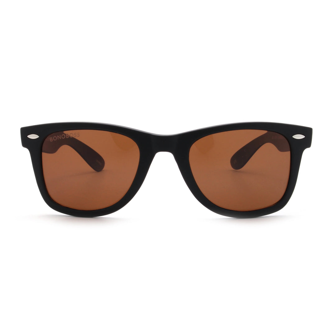 Acacia RPET Negro lentes de sol cristal Brown vista frontal unisex madera reciclada #color_brown