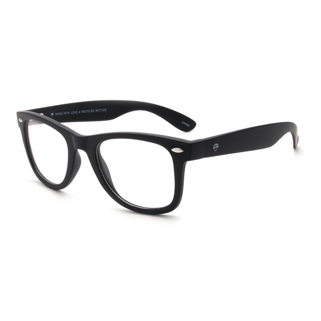 Acacia RPET Negro lentes de sol demo sin tinte vista tres cuartos unisex madera reciclada #color_demo