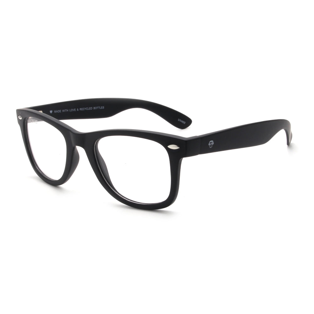 Acacia RPET Negro armazón óptico demo sin tinte vista tres cuartos unisex plástico reciclado #color_negro