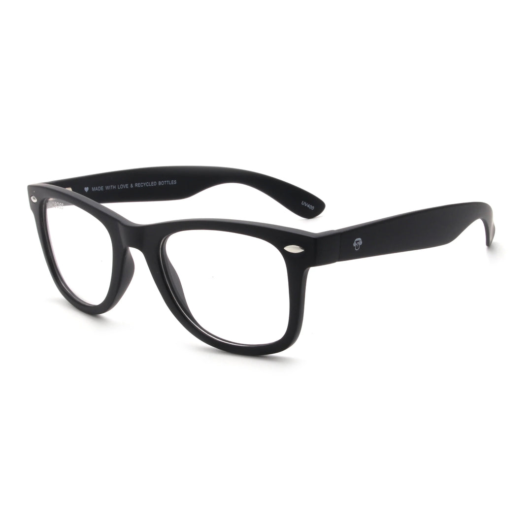 Acacia RPET Negro armazón óptico demo sin tinte vista tres cuartos unisex plástico reciclado #color_negro