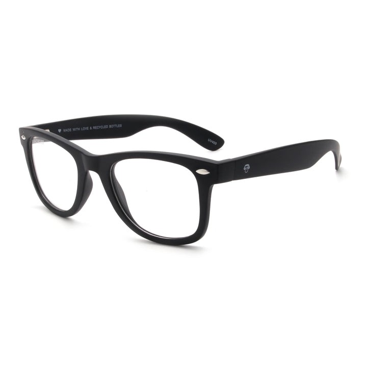 Acacia RPET Negro armazón óptico demo sin tinte vista tres cuartos unisex plástico reciclado #color_negro