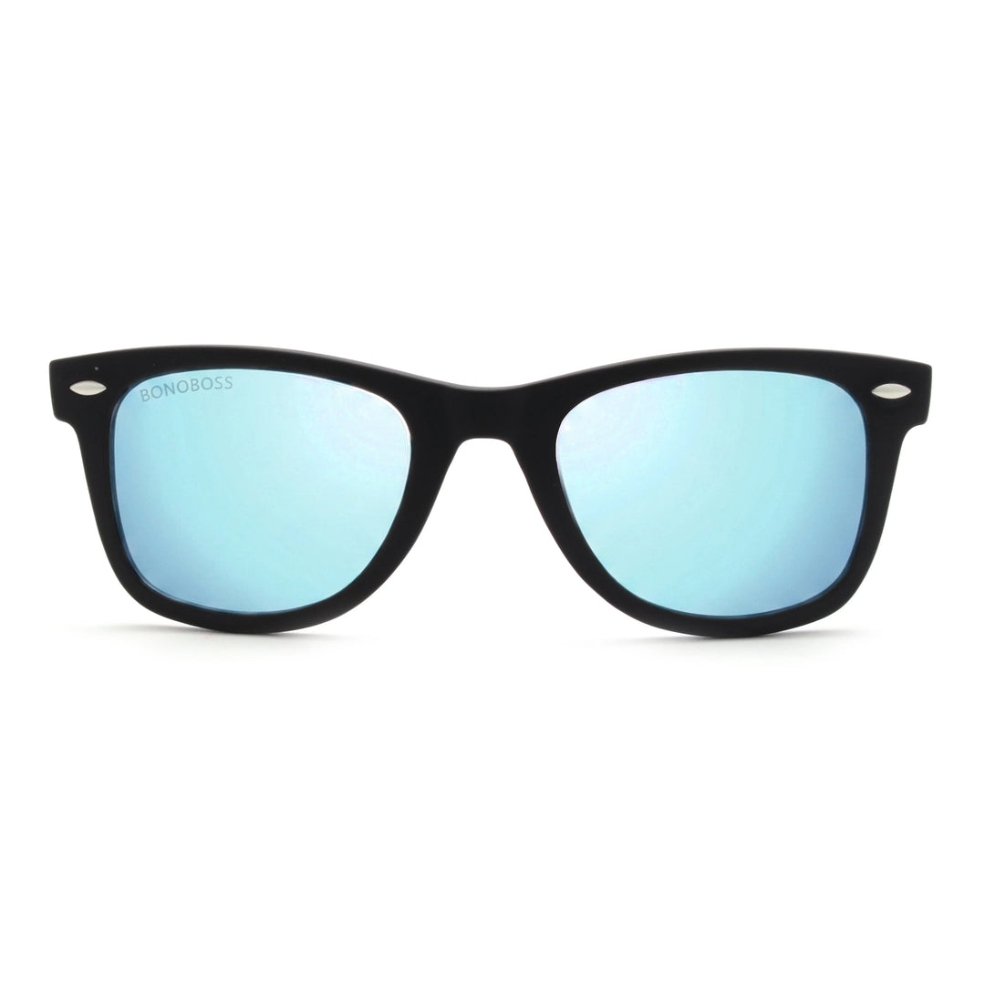 Acacia RPET Negro lentes de sol cristal Espejado Azul vista frontal unisex madera reciclada #color_espejado-azul
