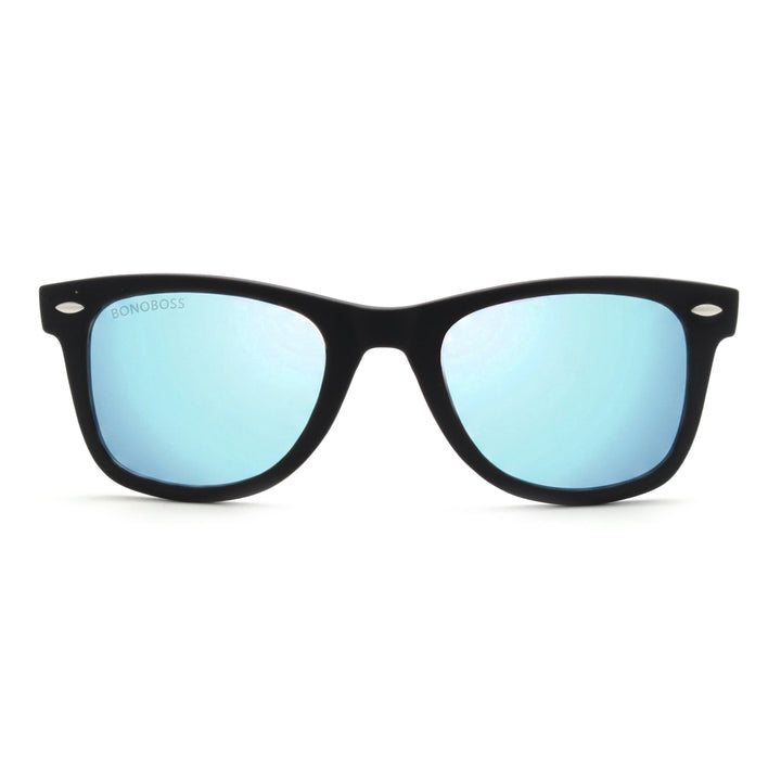 Acacia RPET Negro lentes de sol cristal Espejado Azul vista frontal unisex madera reciclada #color_espejado-azul