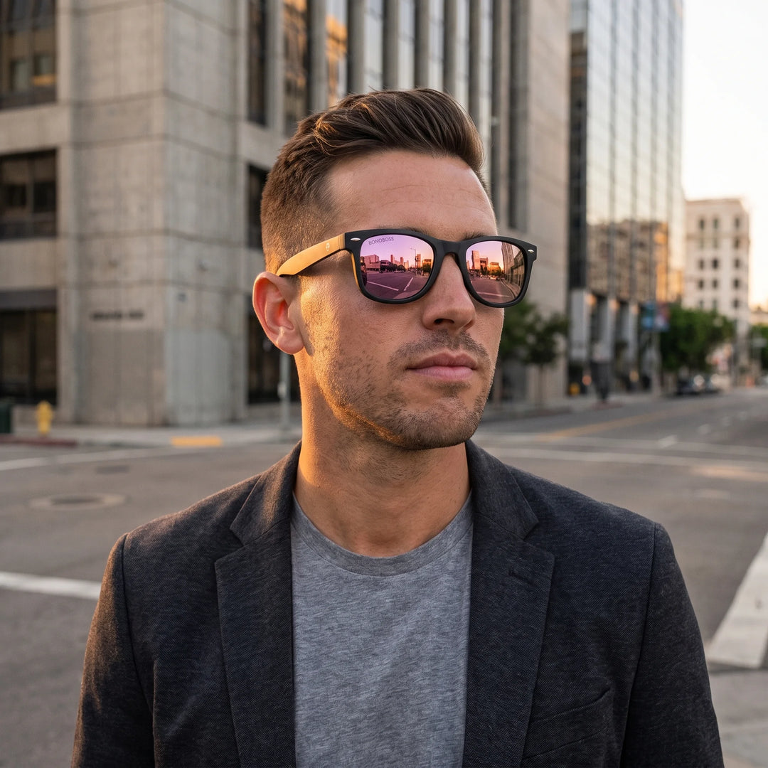 Hombre usando lentes sol Acacio RPET polarizados UV400 hombre estilo urbano ciudad moderna Bonoboss #color_espejado-pink