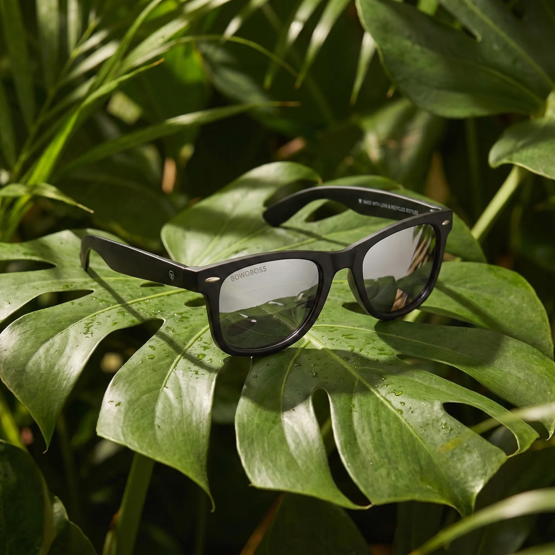 Lentes sol Acacio RPET polarizados UV400 composicion botanica hoja monstera tropical Bonoboss #color_espejado-silver