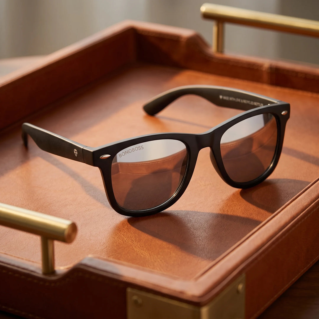 Lentes sol Acacio RPET polarizados UV400 sobre bandeja de cuero con detalles brass estilo premium Bonoboss #color_espejado-silver