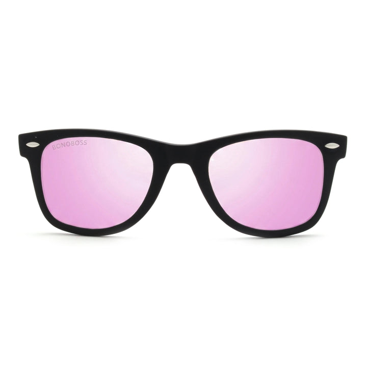 Acacia RPET Negro lentes de sol cristal Espejado Pink vista frontal unisex madera reciclada #color_espejado-pink
