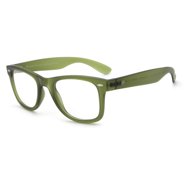 Acacia RPET Olive lentes de sol demo sin tinte vista tres cuartos unisex madera reciclada #color_demo