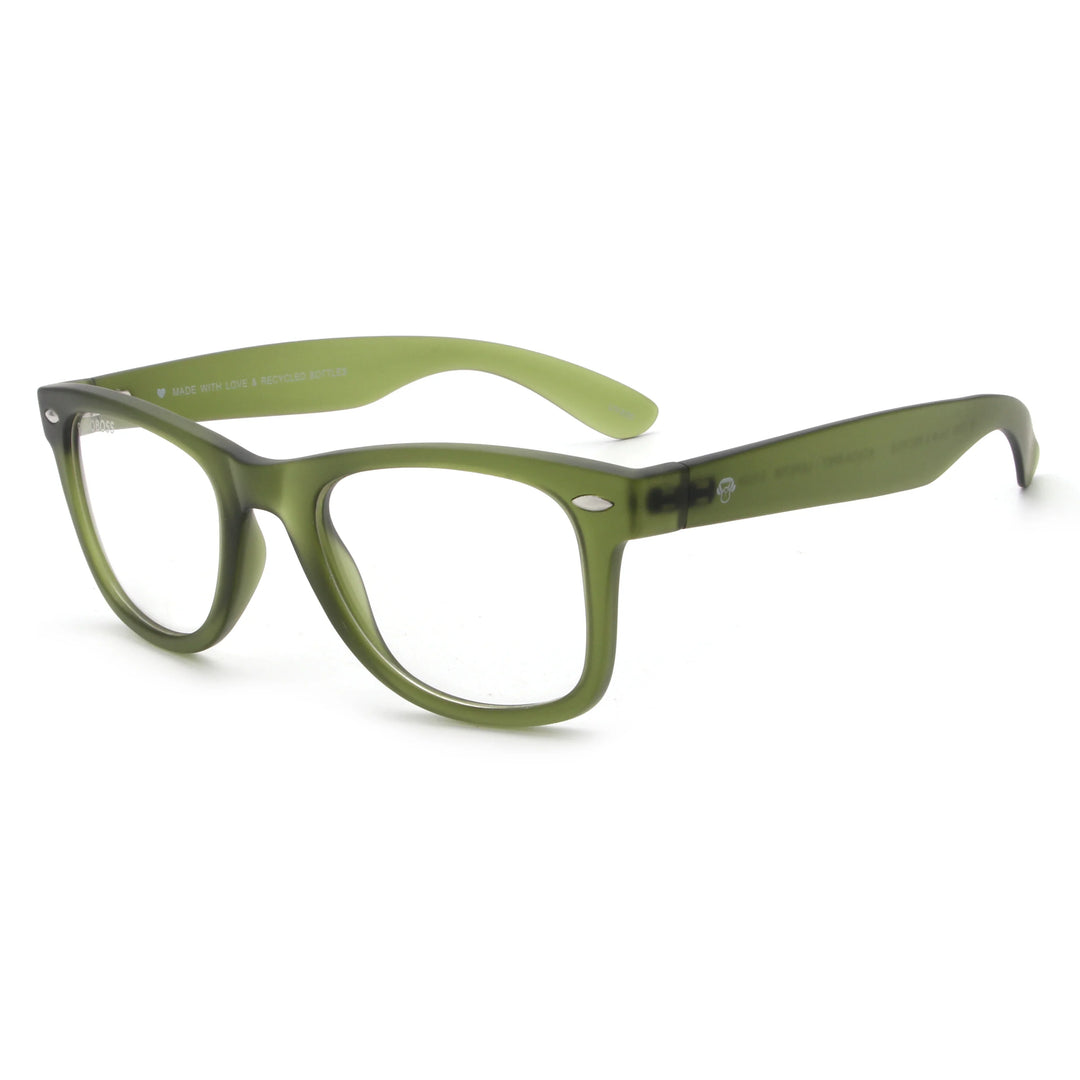 Acacia RPET Olive armazón óptico demo sin tinte vista tres cuartos unisex plástico reciclado #color_olive