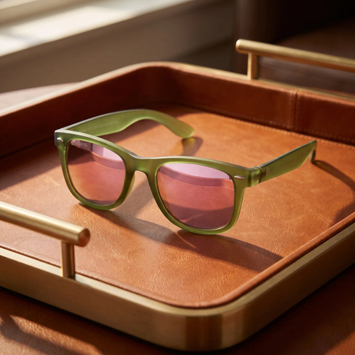 Lentes sol Acacia RPET Olive polarizados UV400 sobre bandeja de cuero con detalles brass estilo premium Bonoboss #color_espejado-pink